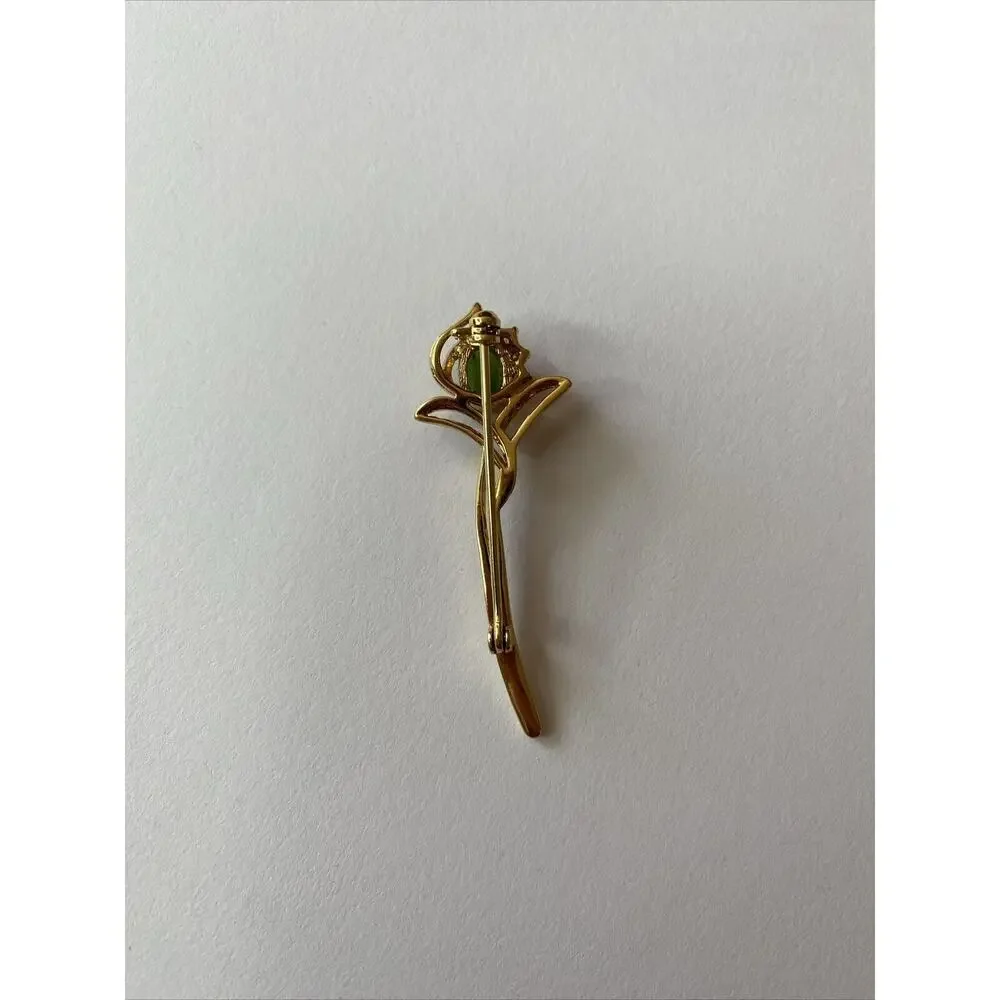 Vintage Gold Tone Pronged Jade Faux Diamonds Brooch Green Flower Pin